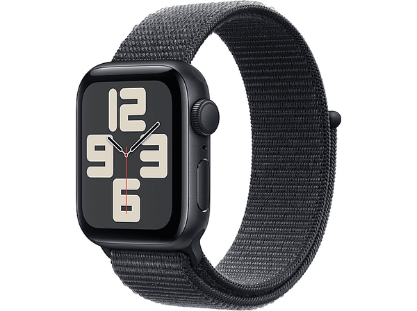 Apple Watch SE (2024), GPS, 40 mm, Caja de aluminio Medianoche, Vidrio delantero Ion-X, Correa Loop deportiva Tinta