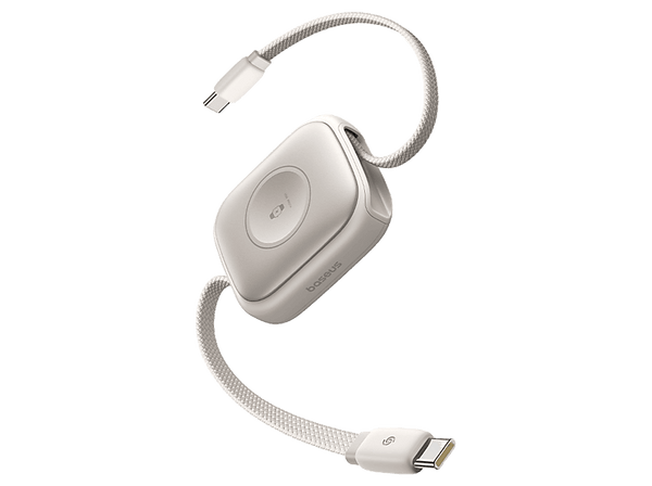 Cable USB-C - Baseus All-in-One retráctil, 90 cm, Tipo C a Tipo C, Universal, Carga rápida, 100W, Carga SmartWatch 2.5W, Blanco Starlight