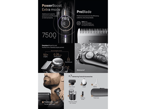 Barbero - Braun Series 9 BT9520, 7 Accesorios para barba, 52 ajustes de longitud, Bloqueo de precisión, Lámina ProBlade, PowerBoost, Wet&Dry, Cromo