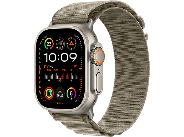 Apple Watch Ultra 2 (2023), GPS + Cellular, 49 mm, Caja de titanio, Gesto doble toque, Correa Alpine Loop en Talla L de color Verde oliva