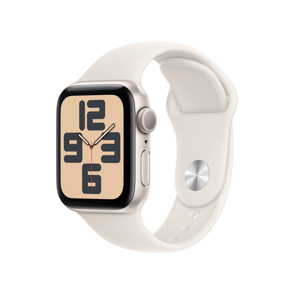 Apple Watch SE (2024), GPS + Cellular, 40 mm, Caja de aluminio Blanco estrella, Vidrio delantero Ion-X, Correa deportiva Blanco estrella, Talla M/L