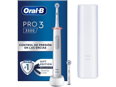 Cepillo eléctrico - Oral-B Pro 3 3500, Estuche de viaje, Sensor de presión, 2 Recambios, Blanco