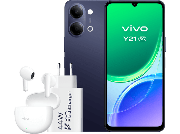 vivo Y21, Negro, 128 GB, 4 GB RAM, 5G, 6.74" HD+, MediaTek Dimensity 6300, 6.500 mAh + Cargador vivo 44W FlashCharger + Auriculares vivo Buds Air3