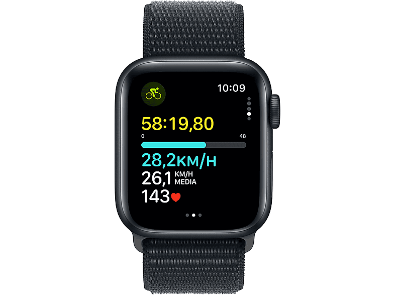 APPLE Watch SE (2023), GPS, 40 mm, Caja de aluminio medianoche, Vidrio delantero Ion-X, Correa Sport Loop medianoche