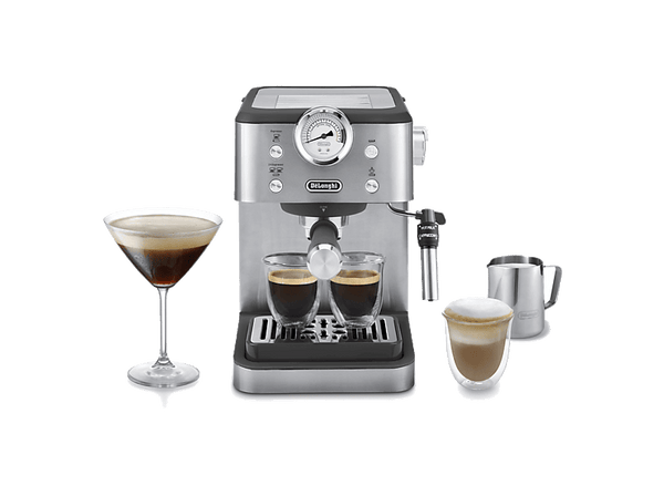 Cafetera express - De'Longhi Linea Classic EM450.M, 1325 W, 15 bar, 1.7 l, Thermoblock, Capacidad para 2 tazas, Metal