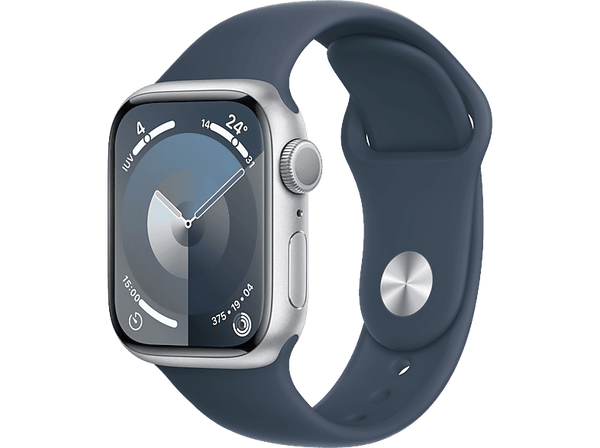 Apple Watch Series 9 (2023), GPS, 41 mm, Gesto de doble toque, Caja de aluminio plata, Correa deportiva azul tempestad, Talla M/L