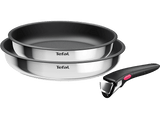 Set de sartenes - Tefal L8813S Ingenio, 2 unidades, 22/26 cm, Mango extraíble, Revestimiento titanio antiadherente, Indicador de calor, Acero Inox