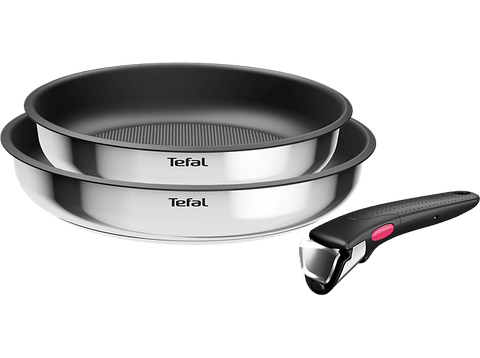 Set de sartenes - Tefal L8813S Ingenio, 2 unidades, 22/26 cm, Mango extraíble, Revestimiento titanio antiadherente, Indicador de calor, Acero Inox
