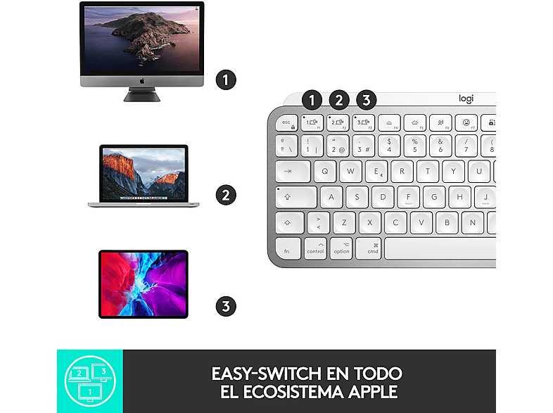 Teclado inalámbrico - Logitech MX Keys Mini, Para Apple/Mac, Retroiluminación, Bluetooth, Botones easy-switch, Carga rápida, Gris
