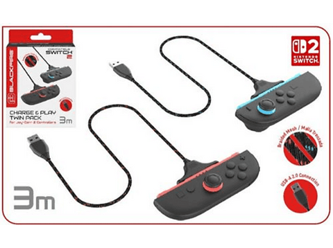 Cable de carga - Ardistel BlackFire Charge & Play Twin Pack, Para Joy-Con 2 de Nintendo Switch 2, 3 metros, Negro