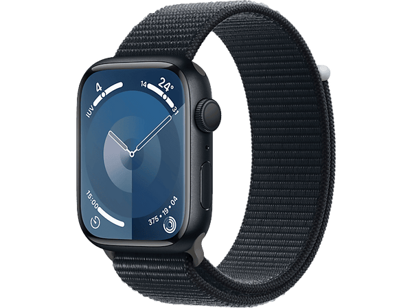 Apple Watch Series 9 (2023), GPS, 45 mm, Gesto de doble toque, Caja de aluminio medianoche, Correa Sport Loop medianoche