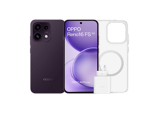 Móvil - OPPO Bundle Reno16 FS, Púrpura Negro, 512 GB, 8 GB RAM, 6.57" AMOLED, Mediatek Dimensity 7300, 6500 mAh, Incluye Funda y Cargador