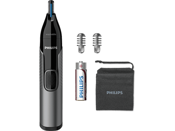 Cortapelos nariz - Philips NT3650/16, Acero inoxidable, Para orejas y cejas, 2 Peines-guía, Resistente agua, Gris, Pila AA