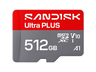 Tarjeta Micro SD - SANDISK Ultra PLUS, 512 GB, Hasta 200 MB/s, UHS-I, V10, A1, C10, Adaptador SD, Full HD, Gris