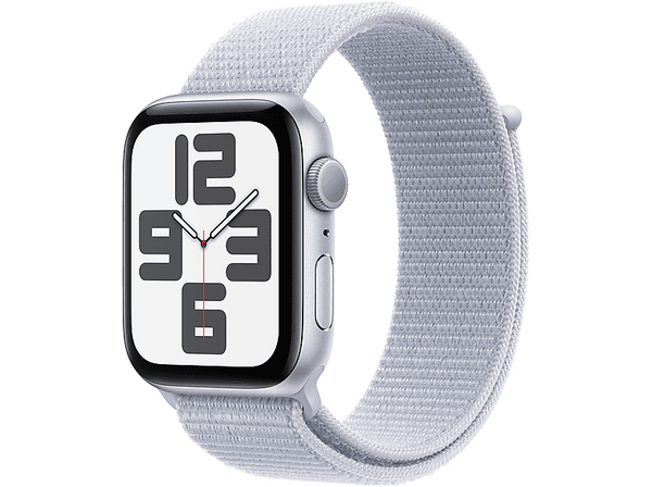 Apple Watch SE (2024), GPS, 44 mm, Caja de aluminio Plata, Vidrio delantero Ion-X, Correa deportiva Azul denim, Talla M/L