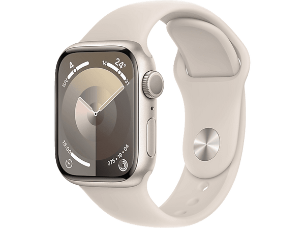 Apple Watch Series 9 (2023), GPS, 41 mm, Gesto de doble toque, Caja de aluminio blanco estrella, Correa deportiva blanco estrella, Talla M/L