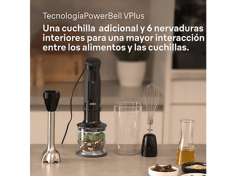Batidora de mano - Braun MultiQuick 5 MQ50202MBK, 1000 W, 0.6 l, SplashControl, 3 accesorios, Picadora, Negro