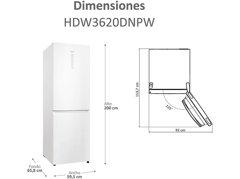 Frigorífico combi - Haier 2D HDW3620DNPW, No Frost, 200 cm, 377 l, Motor Inverter, Wi-fi, Blanco