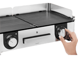 Barbacoa - WMF Lono Master Grill, 2400W, Antiadherente, Regulador temperatura, 2 zonas, Bandeja antigoteo extraíble, Acero inoxidable Cromargan, Plata