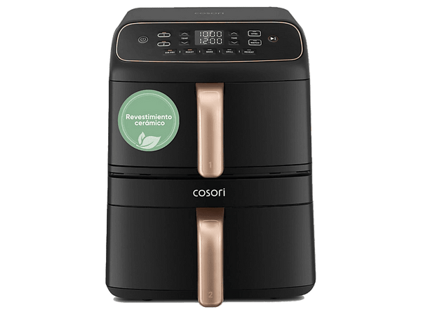 Freidora de aire - Cosori Turbo Tower Compact, Doble cesta, 8.6 l, 2630 W, 230 °C, Revestimiento cerámico Premium, Negro