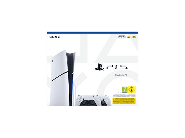 Consola - Sony PS5 Slim Standard, 1 TB SSD, 4K, 2 mandos DualSense, Chasis E, Blanco