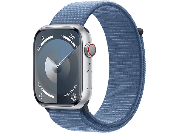 Apple Watch Series 9 (2023), GPS+CELL, 45 mm, Gesto de doble toque, Caja de aluminio plata, Correa Sport Loop azul invierno