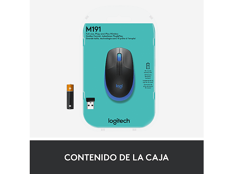 Ratón inalámbrico - Logitech M190, 3 botones, 1000 ppp, Nano receptor, 10 m, Azul