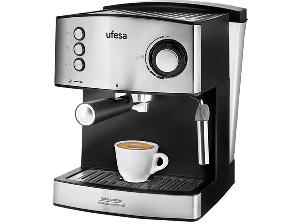 Cafetera express - Ufesa CE7240, 20 bar, 850 W, 1.6 L, Manual, Función calienta tazas, Plata y Negro