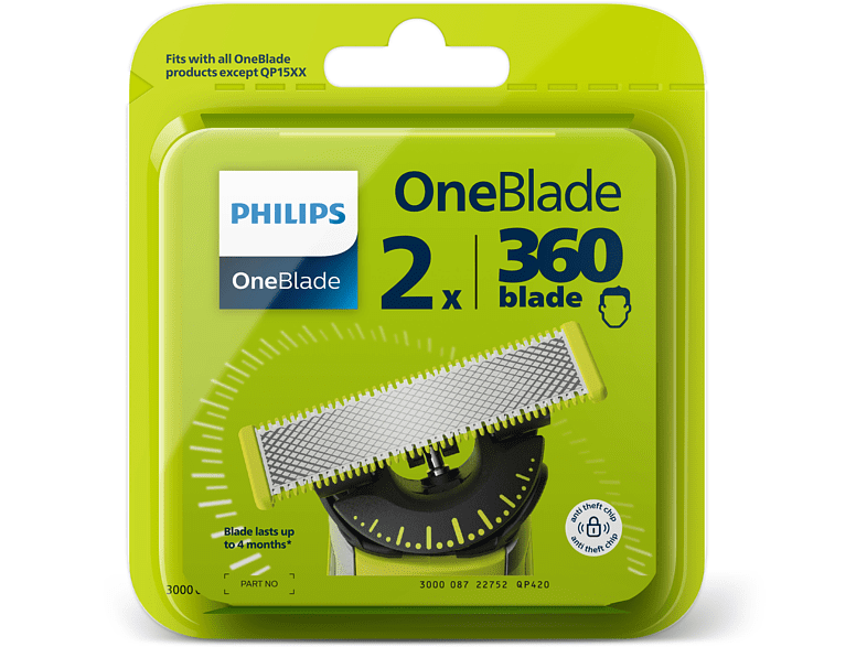 Recambio para afeitadora - Philips QP420/50, 2 Cuchillas, Con todos los modelos OneBlade*, Negro