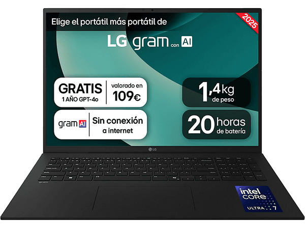Portátil - LG 17ZD90T-G.AX78B, 17" WQXGA, Intel® Evo™ Edition Core™ Ultra 7-255H, 16 GB RAM, 1 TB SSD, Arc™ GPU, FreeDOS