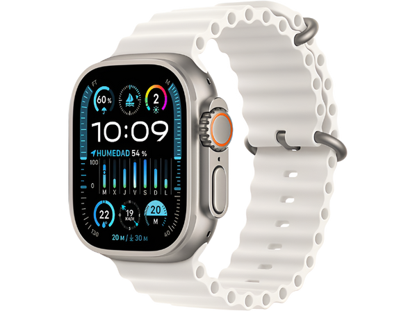 Apple Watch Ultra 2 (2023), GPS + Cellular, 49 mm, Caja de titanio, Gesto doble toque, Correa Ocean Band de color Blanco