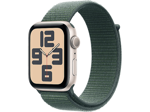 Apple Watch SE (2024), GPS, 44 mm, Caja de aluminio Blanco estrella, Vidrio delantero Ion-X, Correa Loop deportiva Verde lago