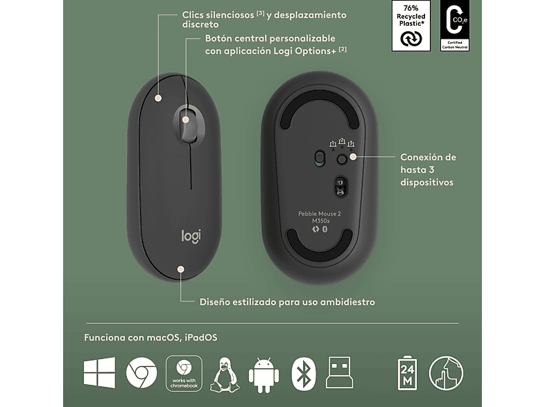 Pack Teclado + Ratón - Logitech, Inalámbrico, Bluetooth-USB, Multidispositivo, Teclas personalizable