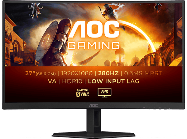 Monitor gaming - AOC C27G4ZXE, 27", Full-HD, 1 ms GtG, 0.3 ms MPRT, 280 Hz, Curvo, Fast VA, Retroiluminación WLED, Negro
