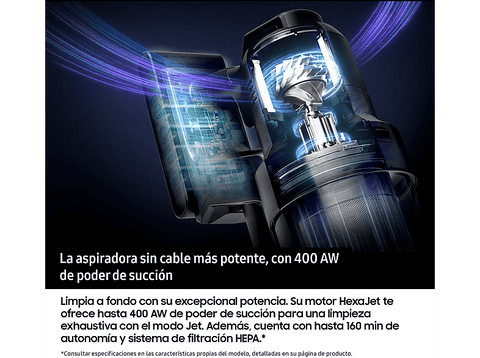 Aspirador escoba - Samsung Bespoke AI Jet AI Ultra 400WA VS90F40DEK/WA, con cepillo para mascotas y filttro HEPA, 25.2 V, 160 min, Negro