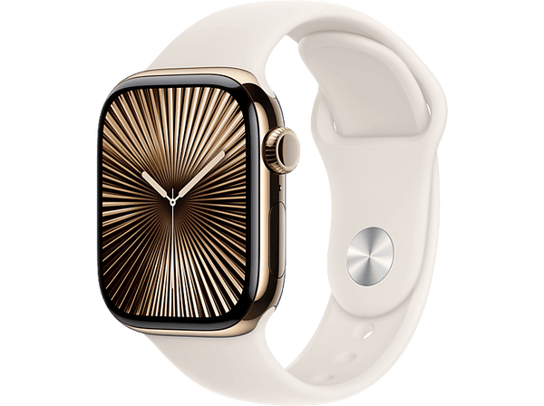 Apple Watch Series 10 (2024), GPS + Cellular, 42 mm, Gesto de doble toque, Caja de titanio Oro, Correa deportiva Blanco estrella, Talla S/M