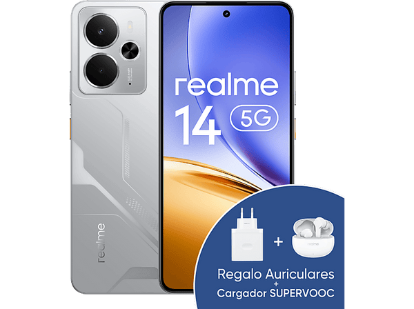 Móvil - realme 14, Mecha Silver, 256 GB, 12 GB RAM, 6.67" AMOLED, Snapdragon 6 Gen 4 5G Chipset, 6000 mAh, Incluye Cargador y Buds