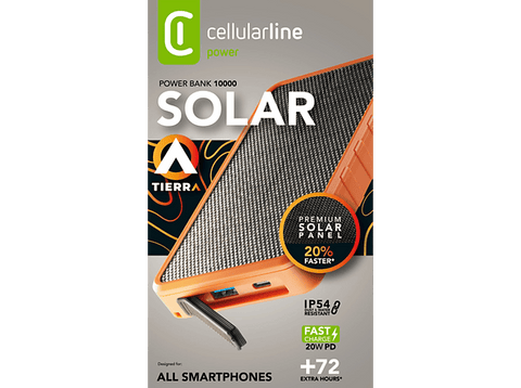 Powerbank - CellularLine PBSOLAR10000O, 10000 mAh, USB tipo C a USB tipo C, Naranja y negro