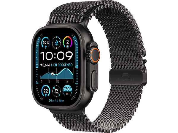 Apple Watch Ultra 2 (2024), GPS + Cellular, 49 mm, Caja de Titanio Negro, Gesto doble toque, Correa Titanium Milanese Loop Negra, Talla M