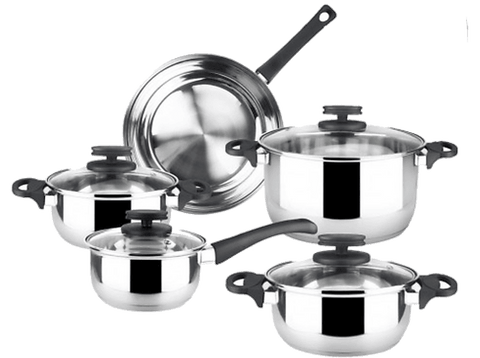Batería de cocina - Magefesa 01BXSTYLE09, Acero inoxidable, Tapas de Cristal, 3x Cacerolas de 24, 20 y 18 cm, 1x Cazo de 16 cm, 1x Sartén 24 cm, Inox