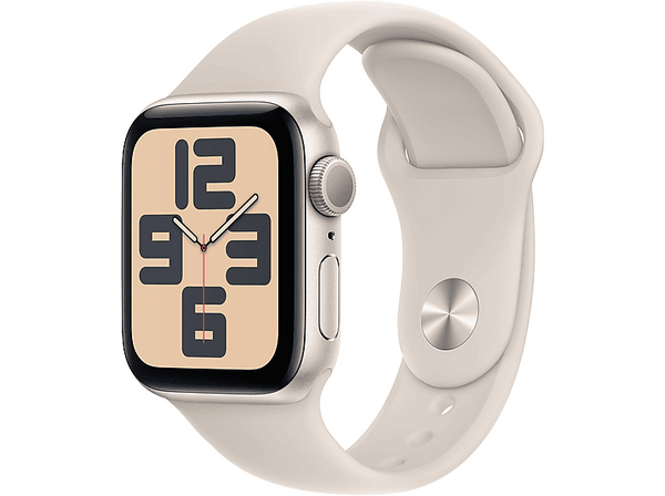 APPLE Watch SE (2023), GPS, 40 mm, Caja de aluminio blanco estrella, Vidrio delantero Ion-X, Talla S/M, Correa deportiva blanco estrella