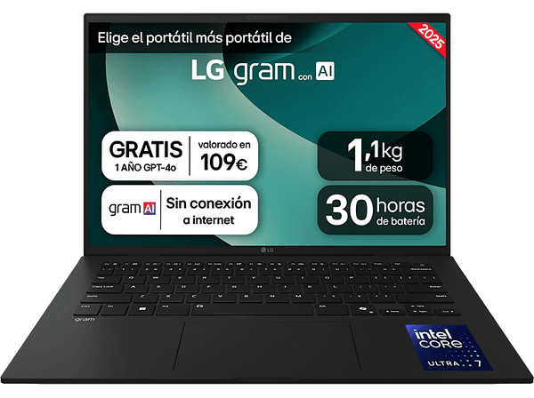 Portátil - LG 14Z90T-G.AD8BB, 14" WUXGA, Intel® Core™ Ultra 7-255H, 32 GB RAM, 2 TB SSD, Arc™ GPU, W11H, Negro