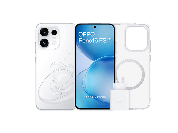 Móvil - OPPO Bundle Reno16 FS, Blanco, 512 GB, 8 GB RAM, 6.57" AMOLED, Mediatek Dimensity 7300, 6500 mAh, Incluye Funda y Cargador