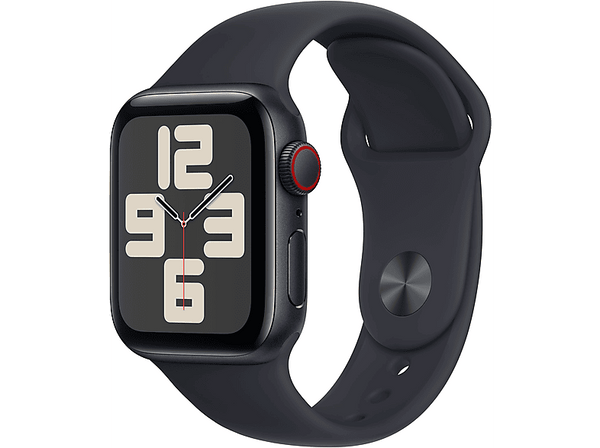 APPLE Watch SE (2023), GPS+CELL, 40 mm, Caja de aluminio medianoche, Vidrio delantero Ion-X, Talla S/M, Correa deportiva medianoche