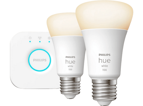 Kit bombillas Bluetooth - Kit Inicio Hue Bridge + 2 Bombillas inteligentes E27 Philips Hue, 9.5W 1100 lm, Luz Cálida regulable
