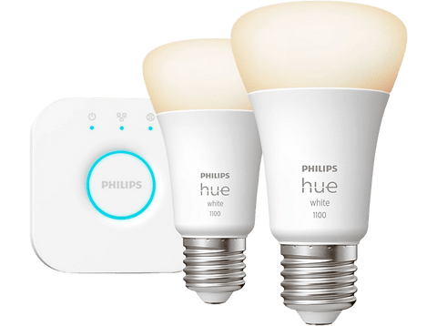 Kit bombillas Bluetooth - Kit Inicio Hue Bridge + 2 Bombillas inteligentes E27 Philips Hue, 9.5W 1100 lm, Luz Cálida regulable