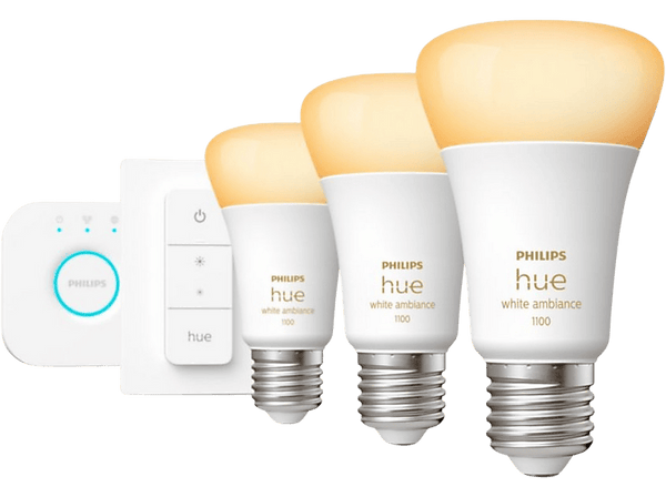 Kit de iluminación - Philips Hue Kit de inicio E27, 8W, Luz Blanca Fría a Cálida,3 bombillas LED + Interruptor + Hue Bridge