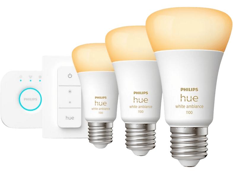 Kit de iluminación - Philips Hue Kit de inicio E27, 8W, Luz Blanca Fría a Cálida,3 bombillas LED + Interruptor + Hue Bridge