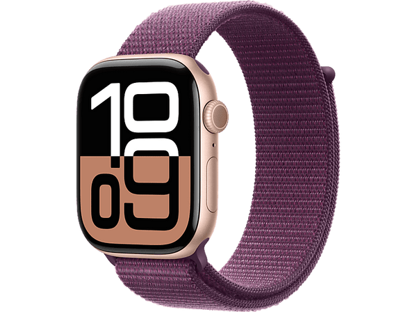 Apple Watch Series 10 (2024), GPS, 46 mm, Gesto de doble toque, Caja de aluminio Oro rosa, Correa Loop deportiva Ciruela