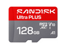 Tarjeta Micro SD - SANDISK Ultra PLUS, 128 GB, Hasta 200 MB/s, UHS-I, V10, A1, C10, Adaptador SD, Full HD, Gris